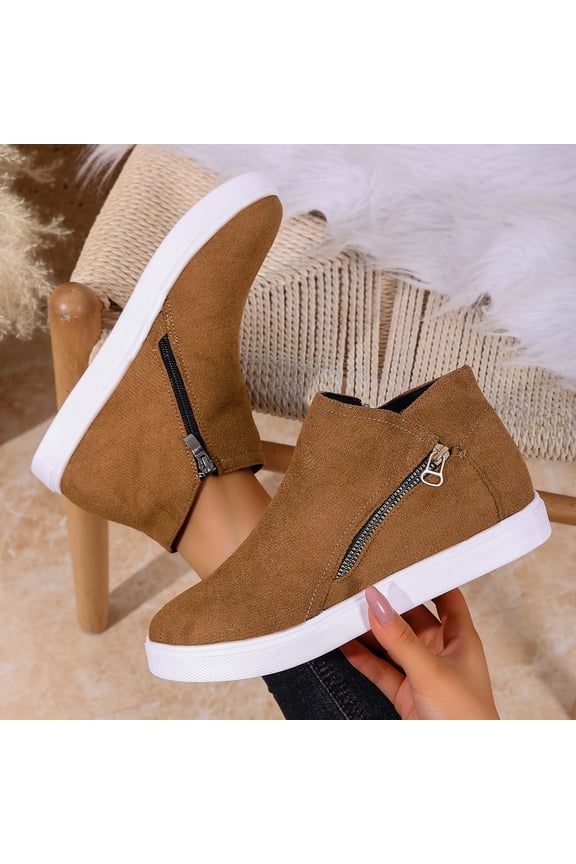 Women's Winter Casual Suede Ankle Boots - Round Toe Flat Heel Side Zipper Slip On Booties, Solid Color Fashion Short Boots for Daily Wear