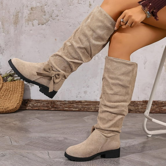 Roncen Women's Winter Fashion Casual Long Boots - Solid Color Bowknot Round Toe Chunky Mid Heel Mid Calf Boots for Daily Outfits