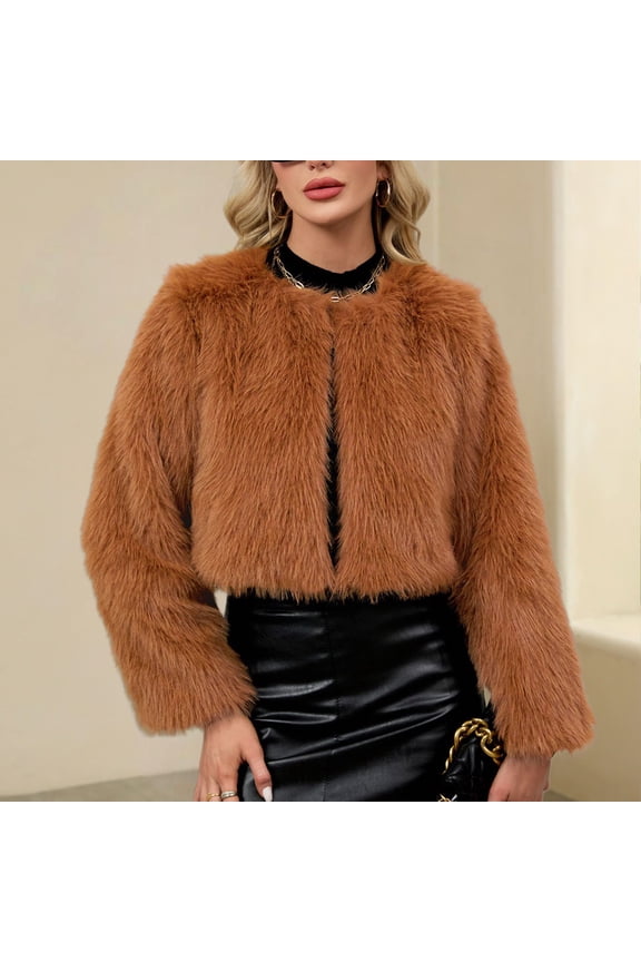 Women's Winter Faux Fur Short Coat - Solid Color Warm Outerwear - Stylish Insulated Jacket with Classic Collar