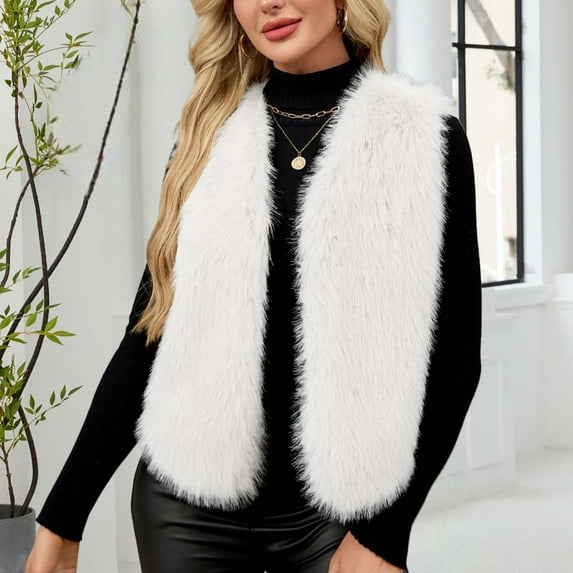 Roncen Women's Winter Faux Fur Vest - Sleeveless V-Neck Solid Color Warm Fleece Outerwear Coat - Stylish Faux Fur Waistcoat for Cold Weather