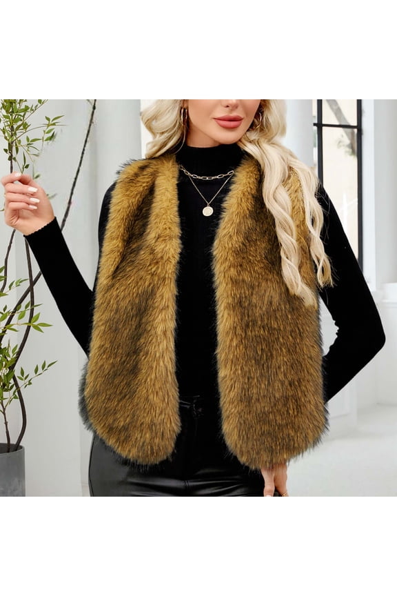 Women's Winter Faux Fur Vest - Sleeveless V-Neck Solid Color Warm Fleece Outerwear Coat - Stylish Faux Fur Waistcoat for Cold Weather