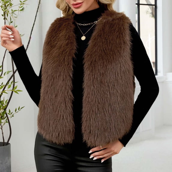 Roncen Women's Winter Faux Fur Vest - Sleeveless V-Neck Solid Color Warm Fleece Outerwear Coat - Stylish Faux Fur Waistcoat for Cold Weather