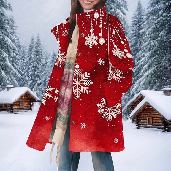 Roncen Women's Winter Fleece Lined Cotton Coat - Casual Christmas Warm Fluffy Jacket - Relaxed Fit Notched Lapel Button Front Long Sleeve Outerwear
