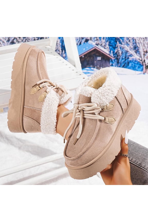 Women's Winter Fleece-Lined Snow Boots - Fashion Casual Round Toe Ankle Boots with Front Lace-Up, Thick Flat Sole, and Warm Lining for Cold Weather