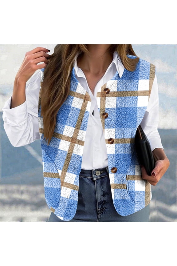 Women's Winter Fleece Vest - Cozy Casual Loose Fit Button-Up Vest Jacket - Print Design Everyday Wear Outerwear without Collar