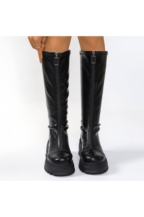 Women's Winter Knee-High Boots Fashion Casual - Solid Color Round Toe Front Zipper Chunky Low Heel Knee-Length Boots