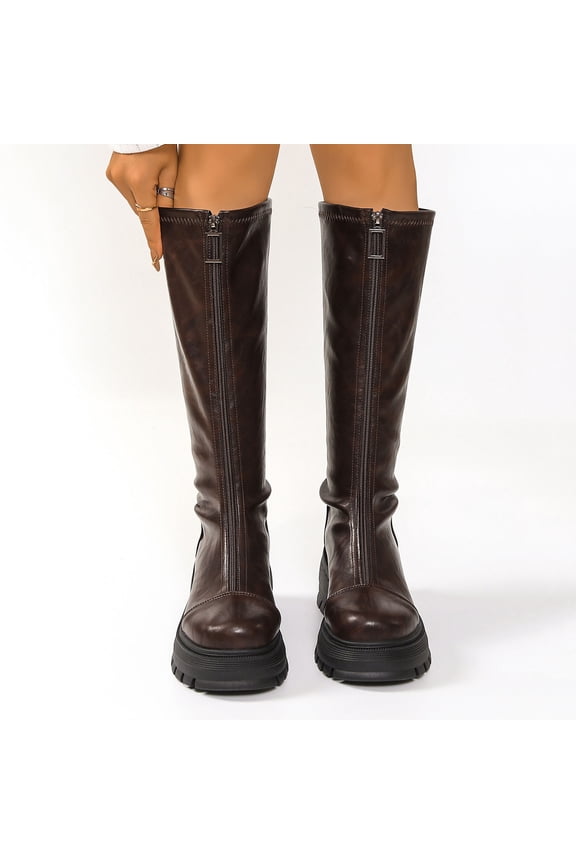 Women's Winter Knee-High Boots Fashion Casual - Solid Color Round Toe Front Zipper Chunky Low Heel Knee-Length Boots