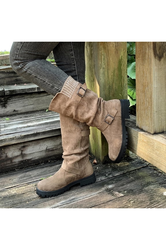 Women's Winter Knee High Boots - Mid Heel Chunky Heel Round Toe Slip On Boots with Buckle Closure, Solid Color Casual Boots for Daily Wear
