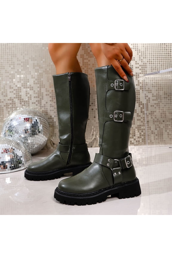 Women's Winter Knee High Straight Leg Boots - Fashion Casual Solid Color Round Toe Side Zipper Thick Chunky Low Heel Boots for Stylish Comfort