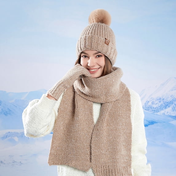 Roncen Women's Winter Knit Hat Scarf Gloves Set,Ribbed Wool Blend with Faux Fur Pom Pom & Touchscreen Fingertips, Cozy 3-Piece Gift Set
