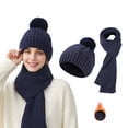 thumbnail image 1 of Roncen Women's Winter Knit Hat and Scarf Set, Thick Ribbed Beanie with Pom Pom & Ear Flap Design, Warm Scarf Set, 1 of 4