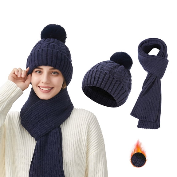 Roncen Women's Winter Knit Hat and Scarf Set, Thick Ribbed Beanie with Pom Pom & Ear Flap Design, Warm Scarf Set