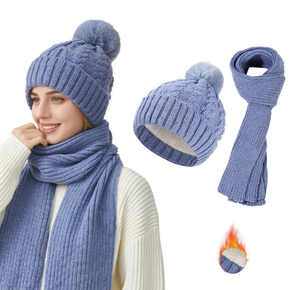 Roncen Women's Winter Knit Hat and Scarf Set, Thick Ribbed Beanie with Pom Pom & Ear Flap Design, Warm Scarf Set