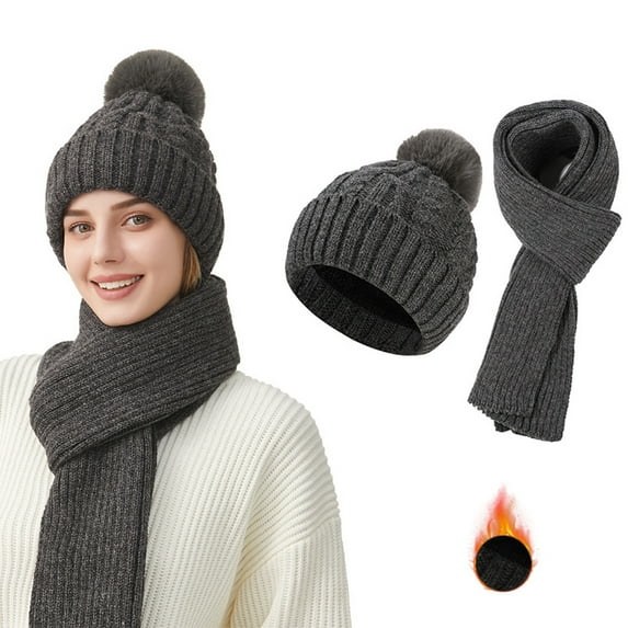 Roncen Women's Winter Knit Hat and Scarf Set, Thick Ribbed Beanie with Pom Pom & Ear Flap Design, Warm Scarf Set