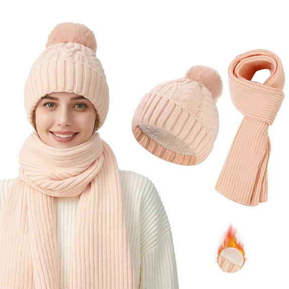 Roncen Women's Winter Knit Hat and Scarf Set, Thick Ribbed Beanie with Pom Pom & Ear Flap Design, Warm Scarf Set