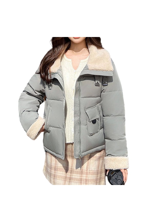Women's Winter Lamb Fur Lapel Puffer Coat - Casual Thick Patchwork Down Jacket with Cozy Design and Stylish Detailing - Warm Outerwear for Cold Weather