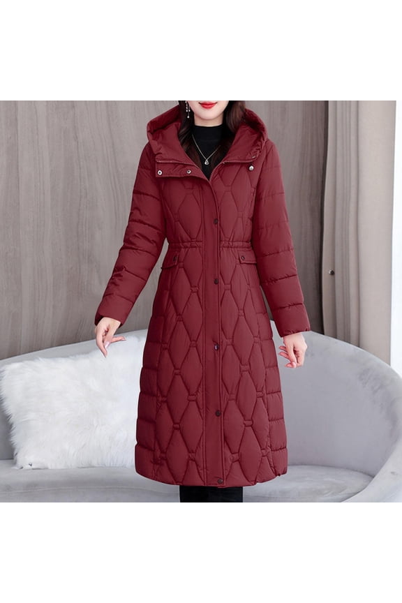 Women's Winter Long Hooded Cotton Coat - Heavyweight Warm Casual Mid-Length Parka Jacket with Zippered Pockets - Solid Color Zip Up Cozy Outerwear for Cold Weather
