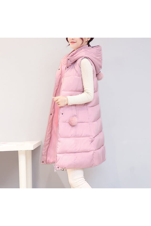 Women's Winter Long Vest Puffer Coat - Hooded Stand Collar Sleeveless Quilted Jacket - Casual Outerwear Coat with Front Pockets