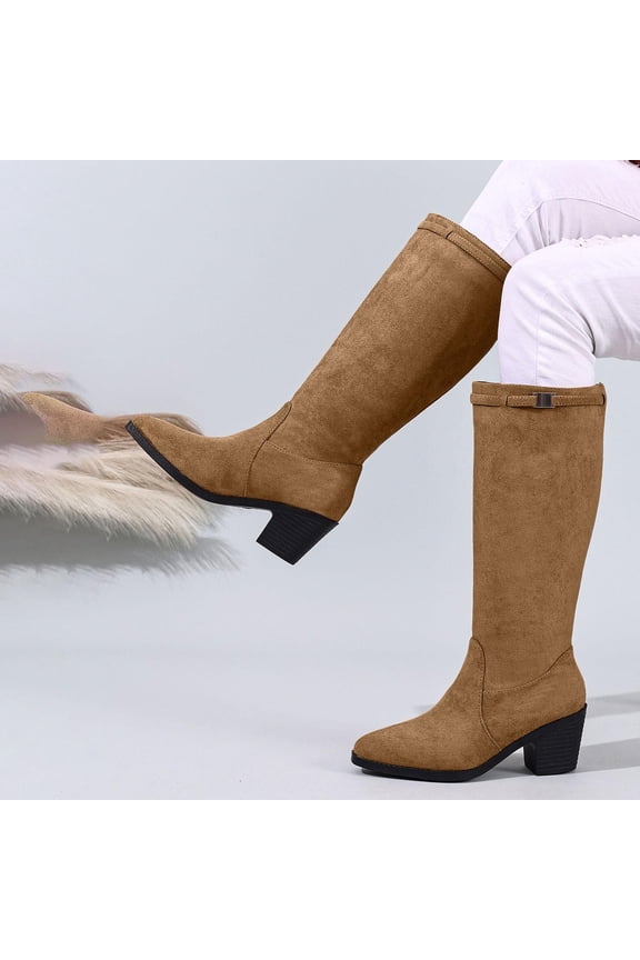 Women's Winter Mid-Calf Boots - Fashion Casual Straight Shaft Solid Color Round Toe with Chunky High Heel, Durable & Comfortable for Daily Wear