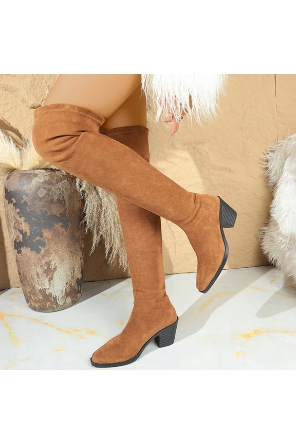 Women's Winter New Retro Over-The-Knee High Heel Boots - Comfortable Chunky Heel Tall Boots with Solid Color Design for Trendy Outfit