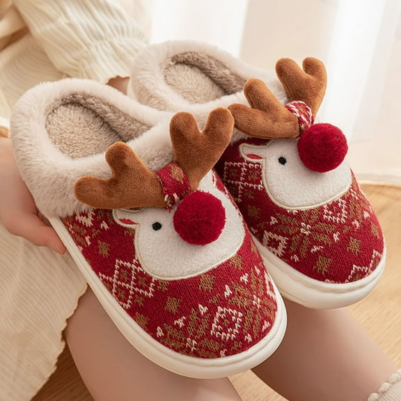Roncen Women's Winter Plush Fleece Slippers - Soft Thick Sole Non-Slip Christmas Reindeer Design Cozy Home Warm Couple Pair Cotton Indoor Outdoor