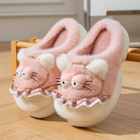Roncen Women's Winter Plush Slippers with Creative Cute Cartoon Cat Design - Soft Thick Sole Non-Slip Indoor House Shoes for Home Comfort
