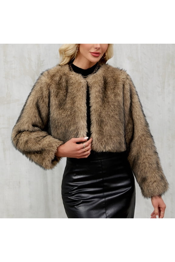 Women's Winter Short Faux Fur Coat - Solid Color Warm Outerwear Jacket - Lightweight Stylish Fleece-Lined Coat with Front Closure