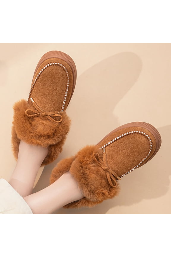 Women's Winter Snow Boots with Fleece Lined - Cozy Round Toe Slip-Resistant Flat Sole Casual Slip-On Shoes with Fashionable Bow Detail for Cold Weather