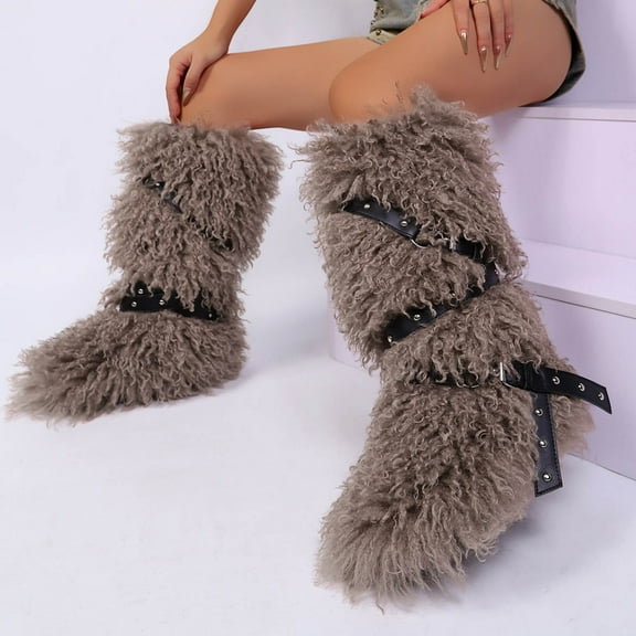 Roncen Women's Winter Snow Boots Mid Calf High Top - Warm Faux Fur Lined Casual Shoes with Round Toe and Flat Heel