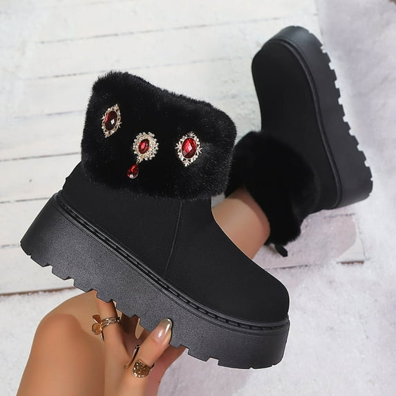 Roncen Women's Winter Snow Boots with Rhinestone Decorations - Thick Platform Plus Size Fur Trimmed Warm Boots for Cold Weather, Comfortable Elevated Slip-Resistant Casual Shoes with Fluffy Lining