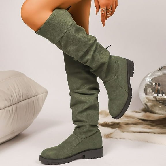 Roncen Women's Winter Suede Casual Boots - Round Toe Square Heel Mid Heel Knee-High Equestrian Boots with Crinkle Shaft & Rear Lace-Up Design