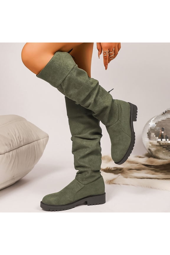Women's Winter Suede Casual Boots - Round Toe Square Heel Mid Heel Knee-High Equestrian Boots with Crinkle Shaft & Rear Lace-Up Design
