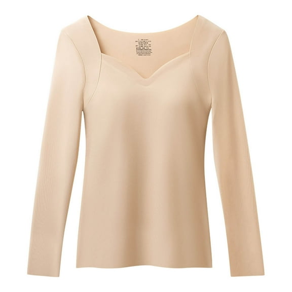 Roncen Women's Winter Thermal Underwear - Seamless Built-in Bra Lined Long Sleeve Base Layer - Solid Color Fleece-Lined Warm Lingerie Top for Layering