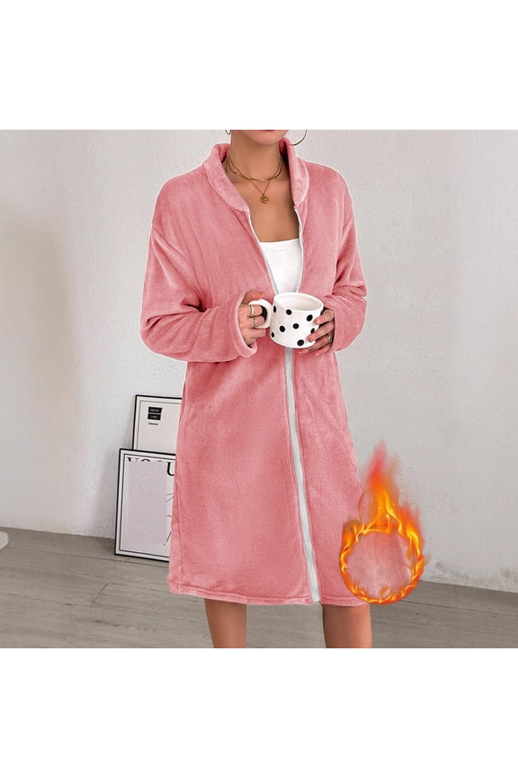 Women's Zip Up Robe Fleece Bathrobe Long Zipper Lounger Warm Housecoat Long Sleeve Nightgown