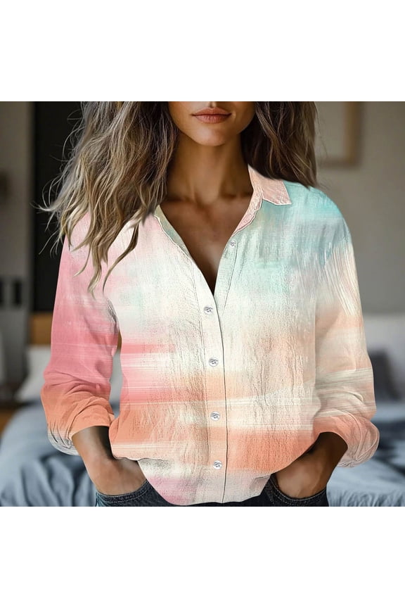 Womens Button Down Shirts Linen Cotton Long Sleeve Blouses Casual Collared Loose Fit Gauze Tops