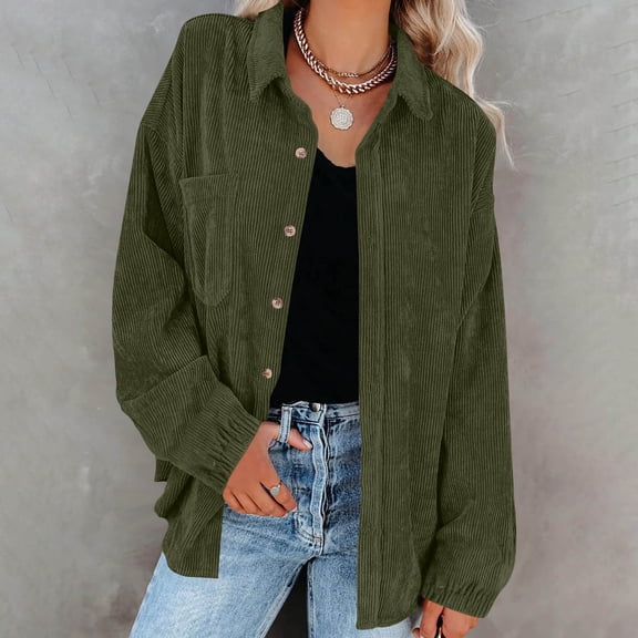Roncen Womens Corduroy Button Down Shirts Boyfriend Long Sleeve Oversized Blouses Tops