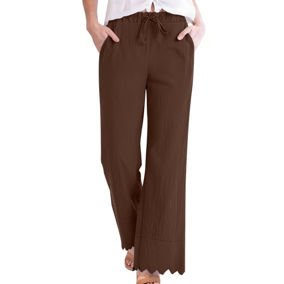 Roncen Womens Cotton Linen Palazzo Pants Solid Summer Linen Pants Elastic Waist Casual Wide Leg Trousers with Pockets
