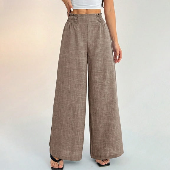 Roncen Womens Cotton Linen Pants Casual Button Up High Waisted Wide Leg Trousers