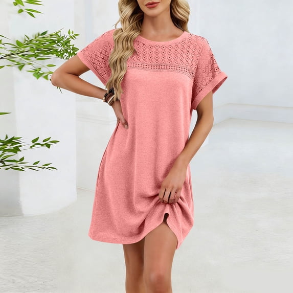 Roncen Womens Crochet Swim Cover Up Short Sleeve Waffle Knit Tops Bathing Suit Beach Dress Crew Neck Hollow Out Dresses