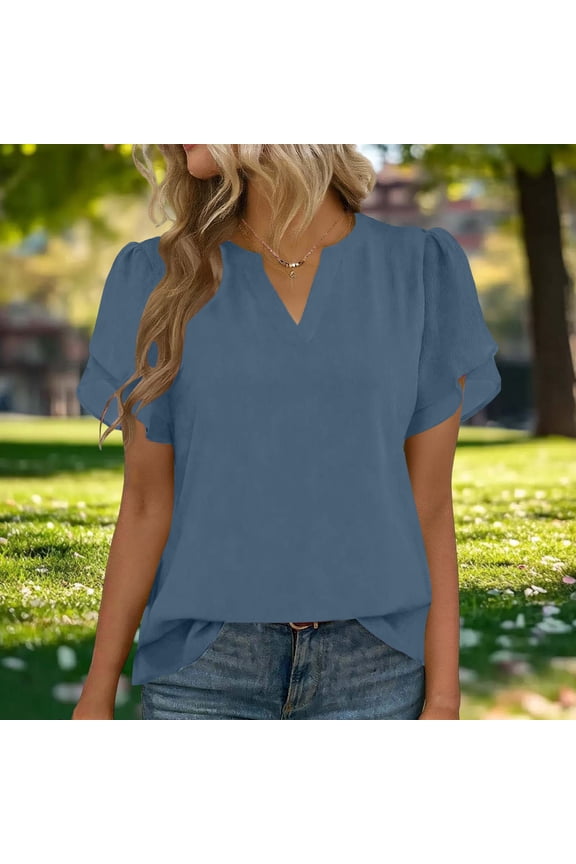Womens Dressy Chiffon Blouses Summer Puff Petal Short Sleeve Shirts V Neck Casual Work Tops