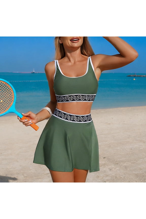 Womens High Waisted Bikini Sets Two Piece Tummy Control Swim Skirt Color Block Skirted Swimsuit 2026