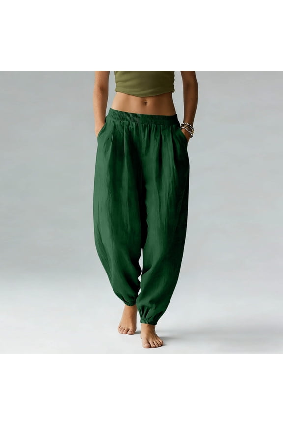 Womens Linen Harem Pants with Pockets Elastic Waist Baggy Boho Casual Lightweight Summer Vacation Lounge Beach Pants