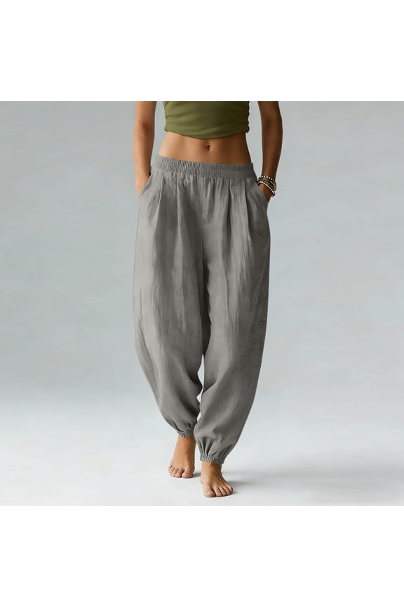 Womens Linen Harem Pants with Pockets Elastic Waist Baggy Boho Casual Lightweight Summer Vacation Lounge Beach Pants
