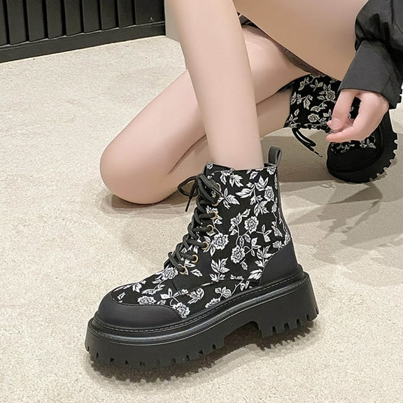 Roncen Womens Platform Boots Round Toe Flat Ankle Boots Punk Boots Lace Up&Zipper Combat Boots