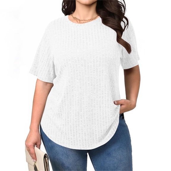 Roncen Womens Plus Size Textured Shirts Spring Sweaters Loose Fit Short Sleeve Tunic Tops 2026 Dressy Casual Business Blouses