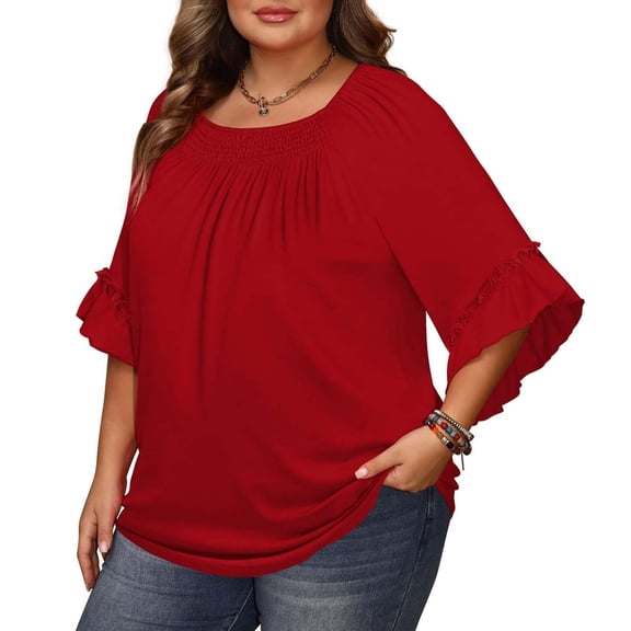 Roncen Womens Plus Size Tops 3/4 Ruffle Sleeve Shirts Crewneck Pleated Blouses Dressy Casual Fashion Tunic Top