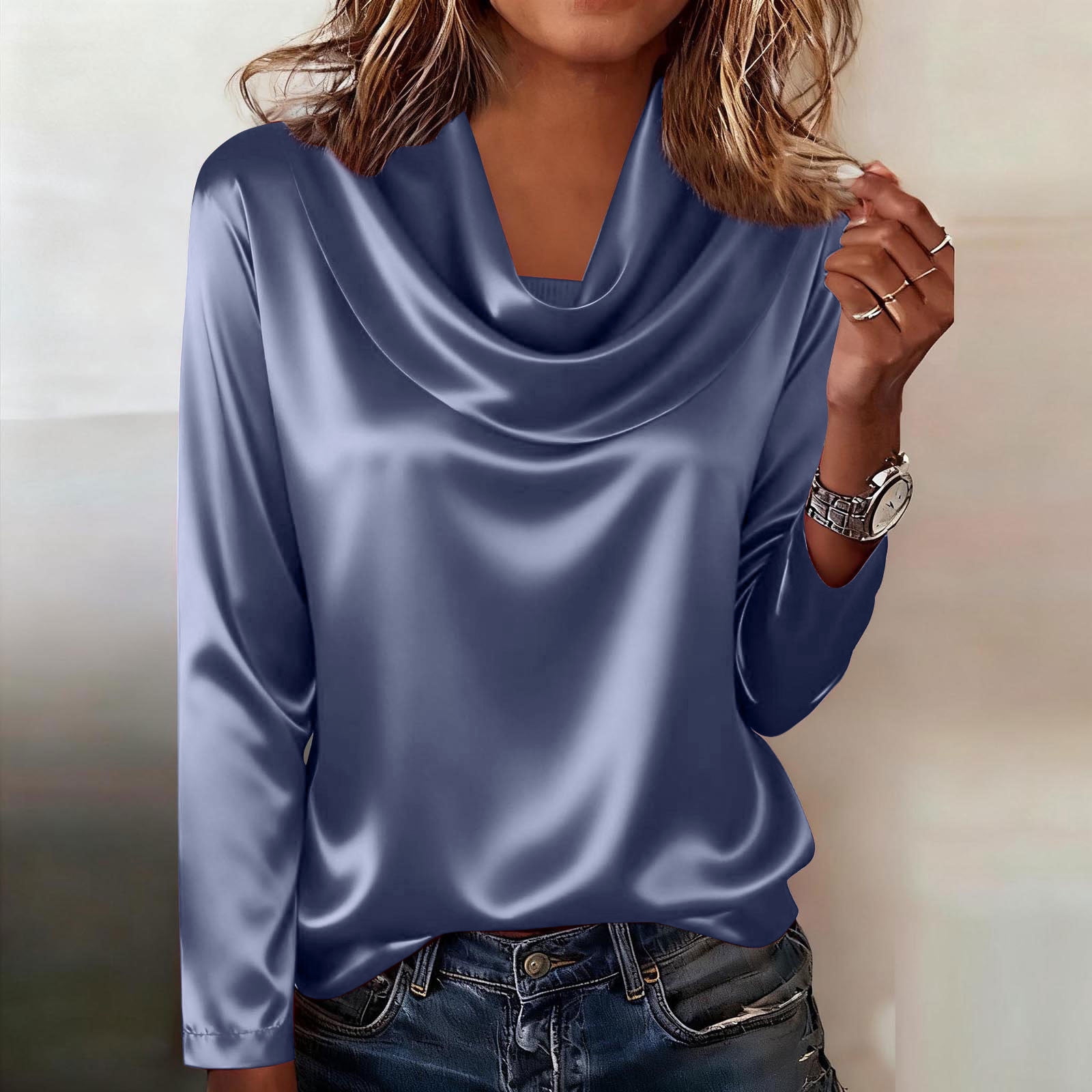 Roncen Womens Satin Blouse Cowl Neck Draped Dressy Tops Silky Long ...