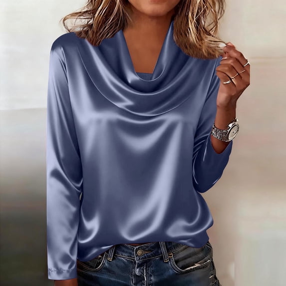 Roncen Womens Satin Blouse Cowl Neck Draped Dressy Tops Silky Long Sleeve Business Casual Outfit Trendy 2026 Fashion