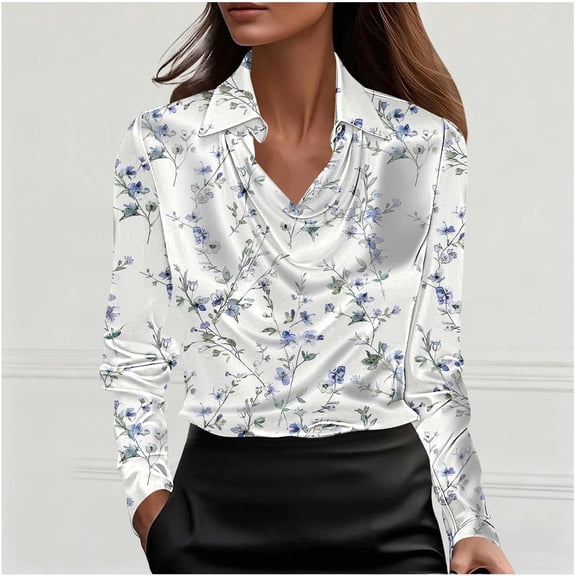 Roncen Womens Satin Blouse Cowl Neck Draped Silky Long Sleeve Dressy Tops Spring Trendy Fashion Business Casual Outfit