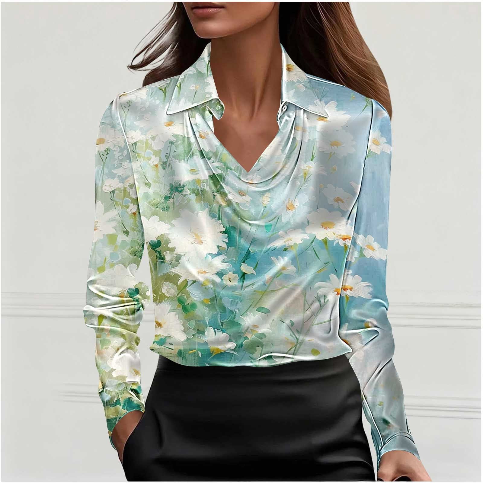 Roncen Womens Satin Blouse Cowl Neck Draped Silky Long Sleeve Dressy ...